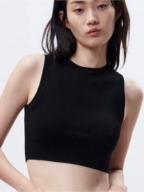 Zara Knit Crop Tank Top Black Sleeveless Ribbed Minimalist Womens M Summer